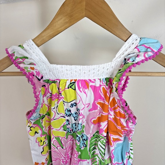Lilly Pulitzer Target Girls Romper Jumpsuit Sz 5T Floral Cotton Pom Pom Shorts - Picture 2 of 9